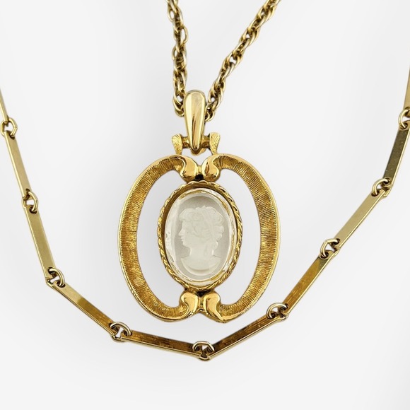 Vintage HMS BJ Cameo Necklace Gold Triple Strand Reverse Glass Chain Bar 20" - Picture 3 of 8